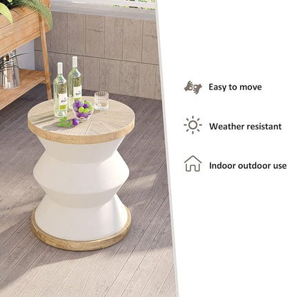 HOMPUS Outdoor Concrete Side Table w Wood Grain Tabletop, Modern Vintage MgO Patio End Table, Lightweight Unique Small Accent Table for Indoor Outdoor Use, Garden, Deck, Poolside, White