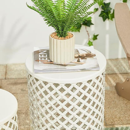Glitzhome Outdoor Side Table Set of 2, Decorative Garden Stool for Indoor Outdoor Heavy Duty Metal Frame Accent Table Modern End Table, Glossy White