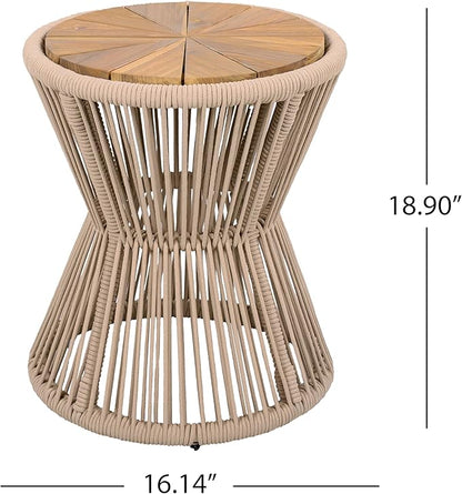 Christopher Knight Home Nara Acacia Wood Outdoor Side Table Set of 2, Hourglass Shaped with Metal Frame+Woven Rope, Outdoor End Table, Garden Plant Stand Indoor, No Assembly Needed, Beige+Light Teak