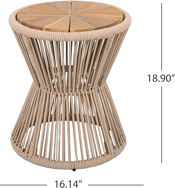 Christopher Knight Home Nara 18.9" Acacia Wood Outdoor Side Table, Hourglass Shaped with Metal Frame+Woven Rope - Photo 2