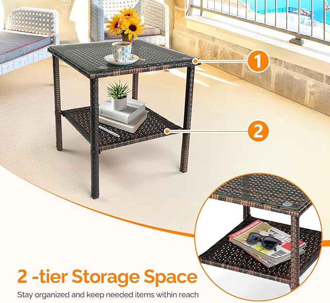 VINGLI Outdoor Wicker Side Table Patio Side Tables for Outside, Tempered Glass Top Wicker Table with Storage End Table for Patio Balcony Porch Deck (Brown)