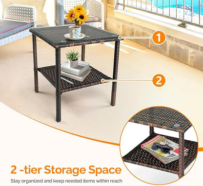 VINGLI Outdoor Wicker Side Table Patio Side Tables for Outside, Tempered Glass Top Wicker Table with Storage End Table for Patio Balcony Porch Deck (Brown)