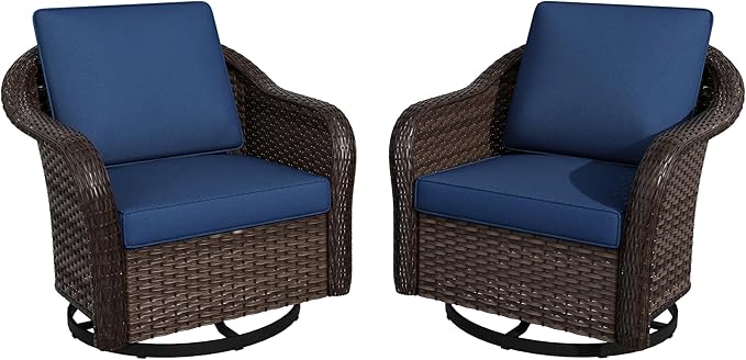Outdoor Wicker 360 Degree Swivel Glider Rocker Chairs Set, Patio Conversation Furniture Set with Washable Cushions for Garden, Poolside (Navy Blue)