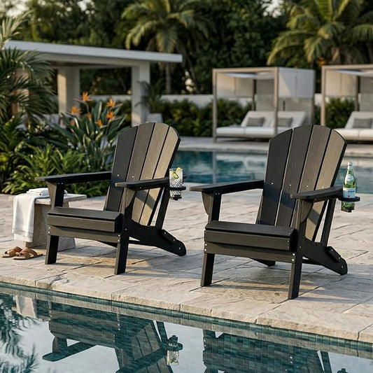 Kingdura Folding Adirondack Chairs Set of 2, Portable HDPE Outdoor Patio Chair with Wooden Textured & Cup Holder, All Weather Resistant, 380LBS Capacity for Pool, Backyard, Balcony, Fire Pit (Black)