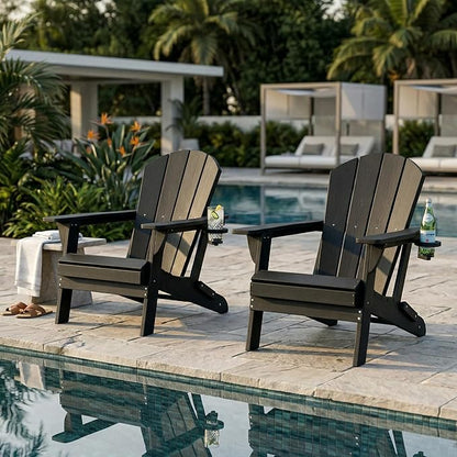 Kingdura Folding Adirondack Chairs Set of 4, Portable HDPE Outdoor Patio Chair with Wooden Textured & Cup Holder, All Weather Resistant, 380LBS Capacity for Pool, Backyard, Balcony, Fire Pit (Black)