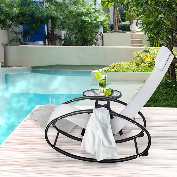 Outsunny Pool Lounger, Outdoor Rocking Lounge Chair for Sunbathing, Pool, Beach, Porch with Pillow and Cool Mesh, Sun Tanning Rocker, Grey