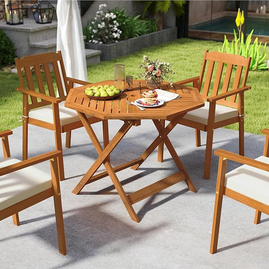 Tangkula 35.5" Octagonal Patio Dining Table, Hardwood Outdoor Bistro Table with Slatted Tabletop, 1.97" Umbrella Hole & Teak Oil Finish, Outside Table for Porch Balcony Deck Poolside Yard