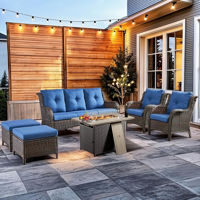 HUMMUH 6 Pieces Patio Furniture Set with Fire Pit Table High Back Outdoor Conversation Set Wicker Patio Couch Outdoor - Photo 1