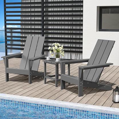 3-Piece HDPE Adirondack Chair Set (2 Chairs + Table) - Heavy Duty All-Weather Plastic Lumber, Wood-Look Patio Furniture for Deck, Garden, Poolside - Grey