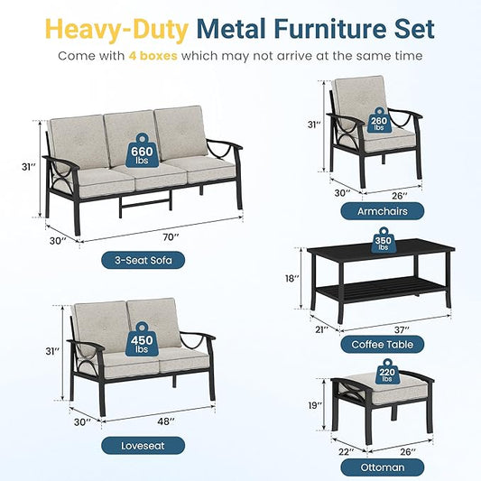 Outdoor Patio Furniture Set, 9 Seats Outdoor Patio Set with 4" Thick Cushion, All-Weather Metal Patio Sofa with Coffee Table, Outdoor Sectional Furniture for Porch Backyard Deck Yard, Black&Beige