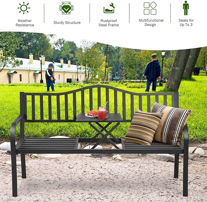 DORTALA Patio Garden Bench w/Steel Frame, Heavy-Duty Metal Park Bench, Outdoor Loveseat w/Foldable Middle Table, Ergonomic Backrest for Lawn, Porch, Path, Black