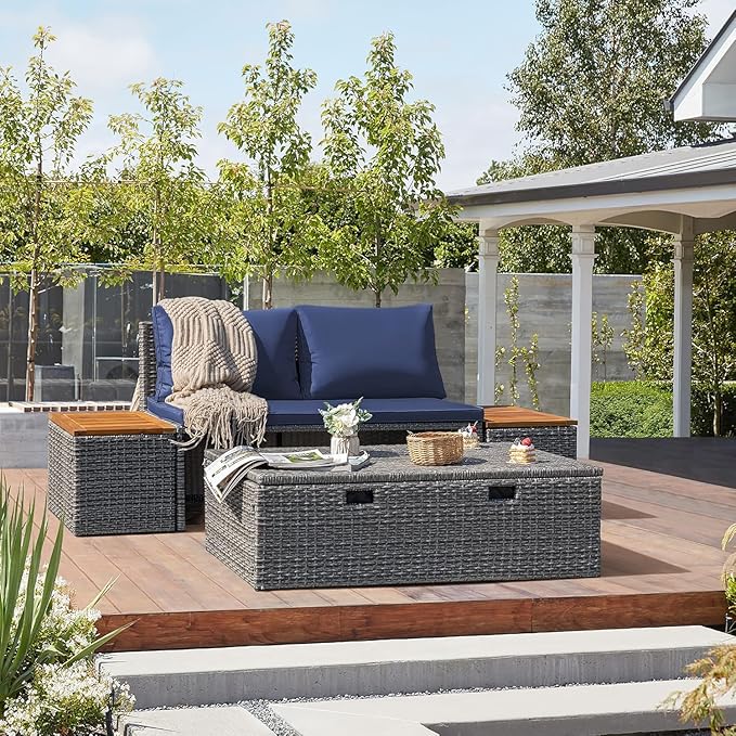 Devoko Patio Day Bed Outdoor Daybed Set Multifunctional Rattan Lounge Bed with 2 Side Tables for Backyard Porch - Photo 9