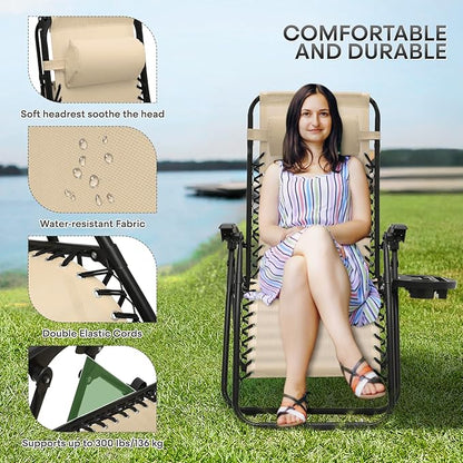 Athena Collection Zero Gravity Chair, Outdoor Lounge Chair with Adjustable Pillow and Cup Holder, Reclining Camping Chair for Outside Beach Lawn Garden Patio Poolside Set to 2- Cream