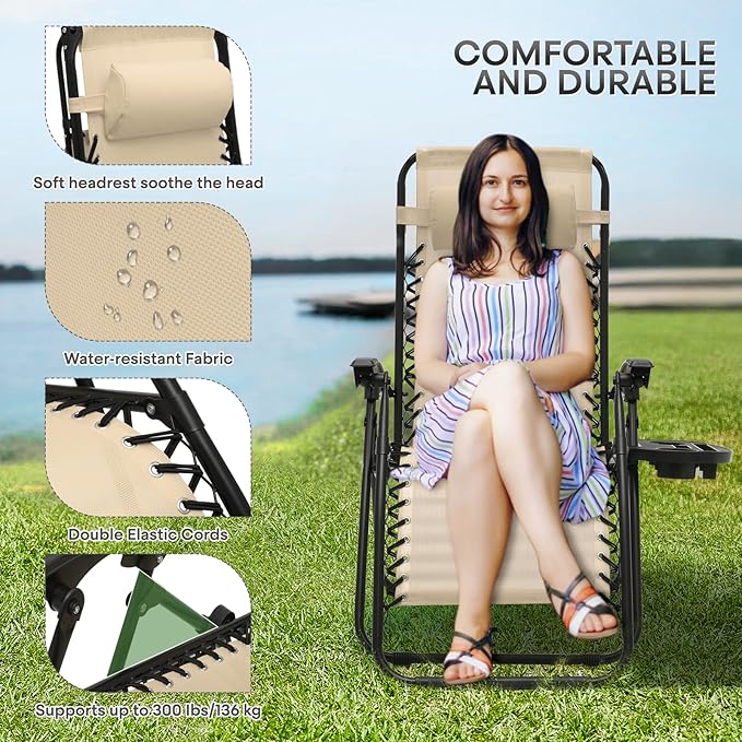 Athena Collection Zero Gravity Chair, Folding Lounge Chair, Reclining Camping Chair, Outdoor Zero Gravity Recliner with Adjustable Pillow and Cup Holder for Outside Beach Garden Patio Poolside -Cream