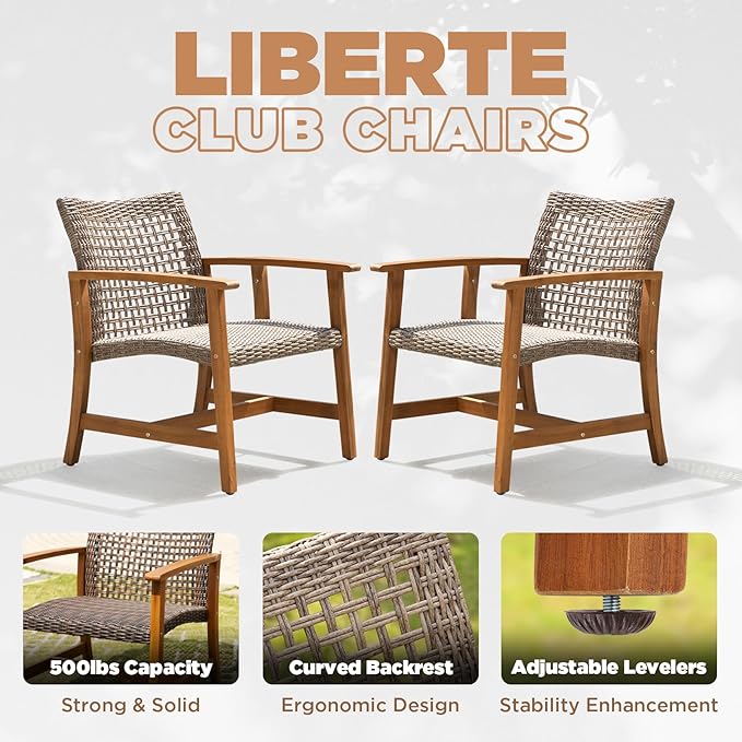 Idzo Liberte Accent Chairs Set of 2, 500lbs Weight Support, Acacia Wood, FSC Teak Finish, UV Protected, Dynamic Gray Wicker, Ideal for patios and Gardens