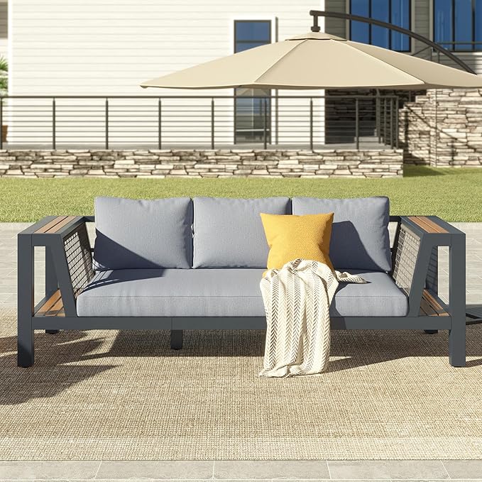 Outdoor Aluminum Patio Sofa, Modern 3-Seater Tool-Free Assembly Couch with Side Table Armrest, Deep Seating with Thick Cushions, Weatherproof Backyard Furniture for Porch, Balcony, Deck