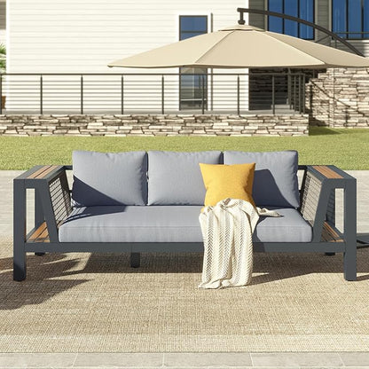 Outdoor Aluminum Patio Sofa, Modern 3-Seater Tool-Free Assembly Couch with Side Table Armrest, Deep Seating with Thick Cushions, Weatherproof Backyard Furniture for Porch, Balcony, Deck