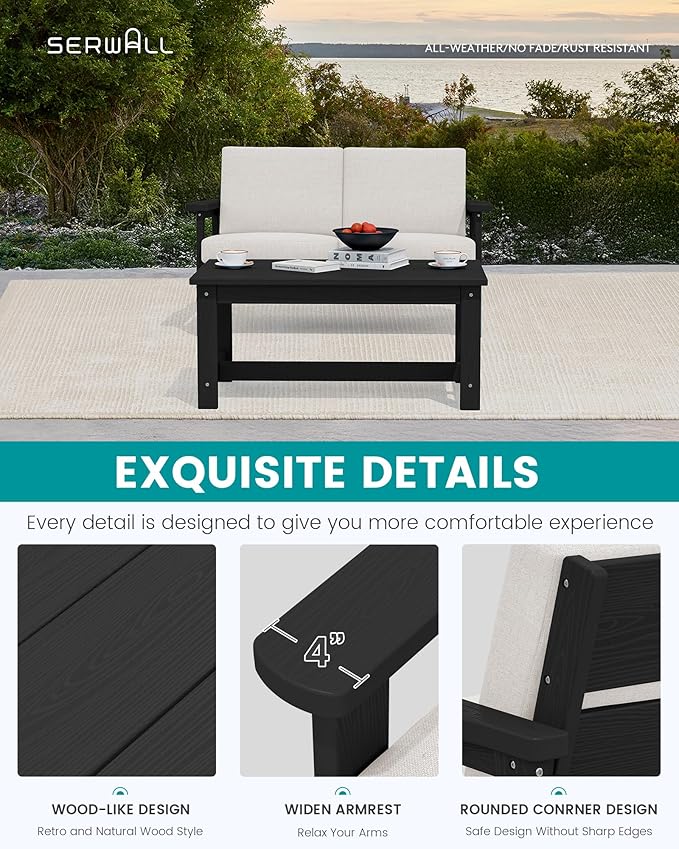 SERWALL HDPE Outdoor Patio Loveseat, Black Frame and Khaki Cushion - Photo 4