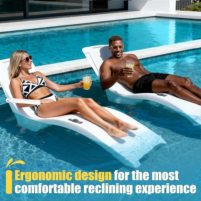 Pool Lounger, Fade-Resistant, Waterproof, Anti-Floating Patio Furniture, Pool Lounge Chair for Sun Shelf, Use in Pools with Shelves Up to 9-Inches Deep or Outside Pool Deck, White