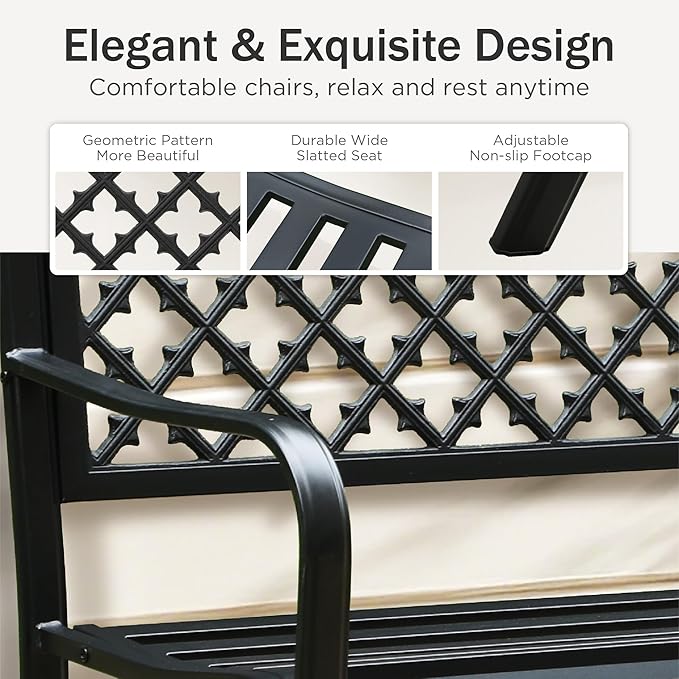 PHI VILLA 50" Outdoor Garden Patio Metal Bench for Outdoors with Plastic Backrest Armrests Sturdy Steel Frame, Black - Photo 8