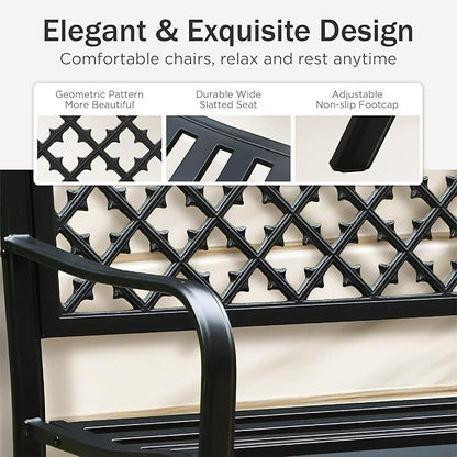 PHI VILLA 50" Outdoor Garden Patio Metal Bench for Outdoors with Plastic Backrest Armrests Sturdy Steel Frame, Black