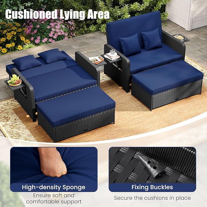 COSTWAY Patio Rattan Daybed with Cushions, Outdoor Wicker Loveseat Sofa with Storage Ottoman - Photo 6