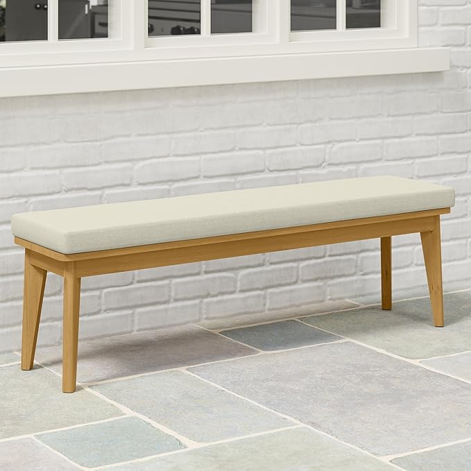 Backless Patio Bench, Acacia Wood Dining Bench with Cushion for Outdoor Porch, Backyard, Garden, Lawn, Beige
