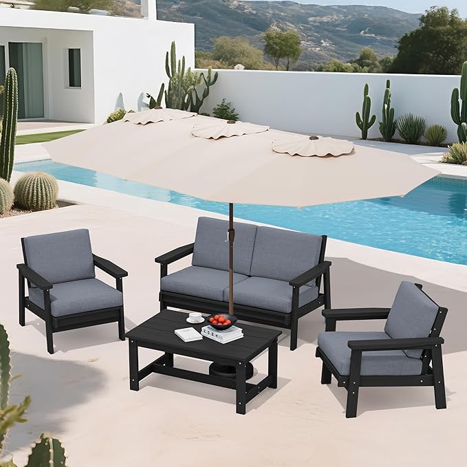 SERWALL HDPE Patio Furniture Set with 15FT Double Side Patio Umbrella - Photo 9