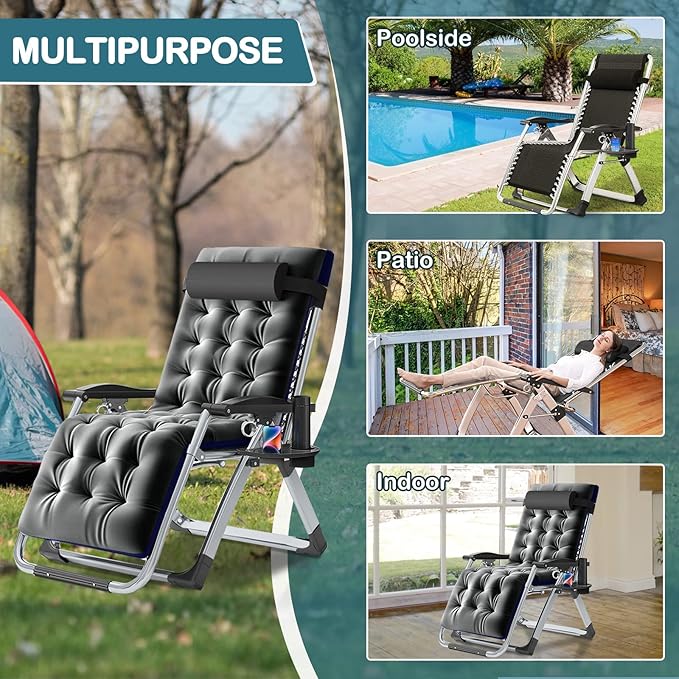 NAIZEA Padded Zero Gravity Chair, Folding Outdoor Lounge Chairs, Adjustable Reclining Camping Chairs with Cup Holder - Photo 2