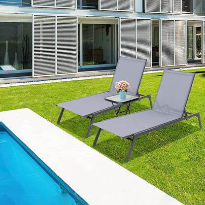 Tangkula Outdoor Adjustable Chaise Lounge Chair Set of 2, Patio 6-Position Recliner with Lay Flat Position and Quick-Drying Fabric, Outdoor Chaise Lounge for Poolside, Backyard (2, Grey, Large)