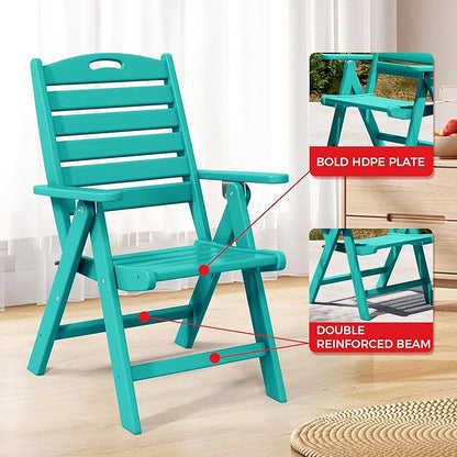 Costaelm Outdoor Adjustable Highback Folding Patio Dining Chair, HDPE Armrest Poly Lumber Restaurant Bistro Dining Chair for Outside Porch Backyard Garden, Turquoise