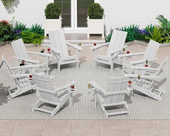 SERWALL Modern Folding Adirondack Chair Set of 6, Weather Resistant HDPE Outdoor Adirondack Chair with Cup Holders, Fire Pit Chairs for Patio Lawn Garden, White