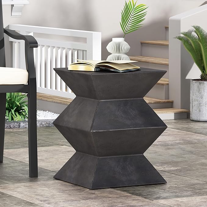Outdoor Concrete Side Table Faux Stone End Table, Square Outdoor Accent Tables, Garden Stool Plant Stand for Porch, Backyard Patio Black