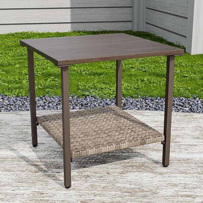 Vista Oasis Outdoor Steel Patio Table, Patio Side Table with Lower Storage, Outdoor Furniture for Balcony, Porch and Garden, Wood Grain Top