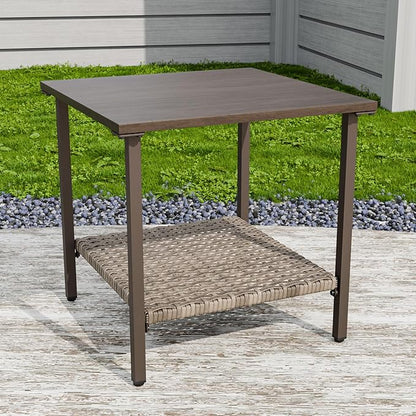 Vista Oasis Outdoor Steel Patio Table, Patio Side Table with Lower Storage, Outdoor Furniture for Balcony, Porch and Garden, Wood Grain Top