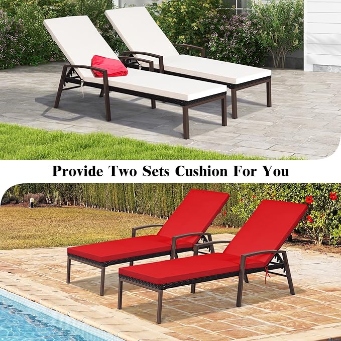 Tangkula 2 PCS Patio Rattan Chaise Lounge Chair, Outdoor Reclining Chaise with Cushion and Armrest, Wicker Sun Lounger with Adjustable Backrest for Garden, Balcony