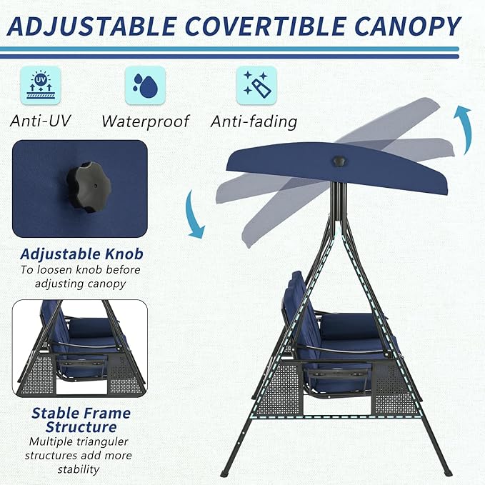 AECOJOY Outdoor Porch Swing with Cover, 3-Seat Patio Swings with Adjustable Canopy - Photo 4