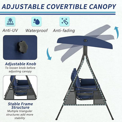 AECOJOY Outdoor Porch Swing with Cover, 3-Seat Patio Swings with Adjustable Canopy, Outside Swing for Adult with Dark Blue Removable Cushions for Backyard, Garden, Yard, Poolside, Balcony