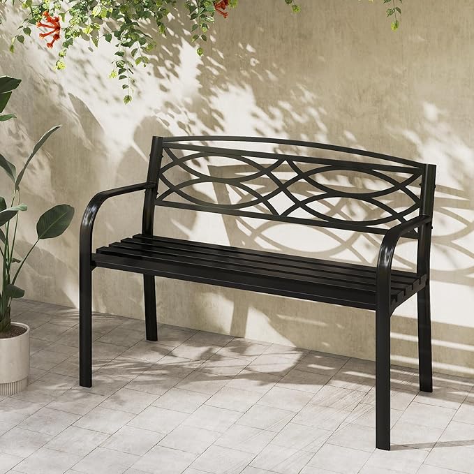 Tangkula Outdoor Metal Garden Park Bench, Heavy-Duty Metal Slatted Loveseat for 2 People with Curved Armrests & Backrest, Patio Park-Style Seating Furniture for Backyard, Poolside, Porch