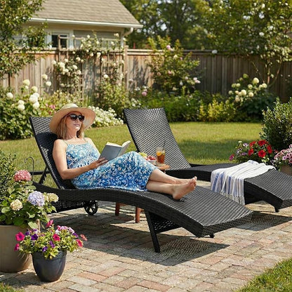 Wicker Outdoor Lounge Chairs with Rolling Wheels, Pool Lounge Chairs Set of 2, Rattan Outdoor Lounger with Pull Out Side Table, Adjustable Backrest Patio Chaise Lounges, Black