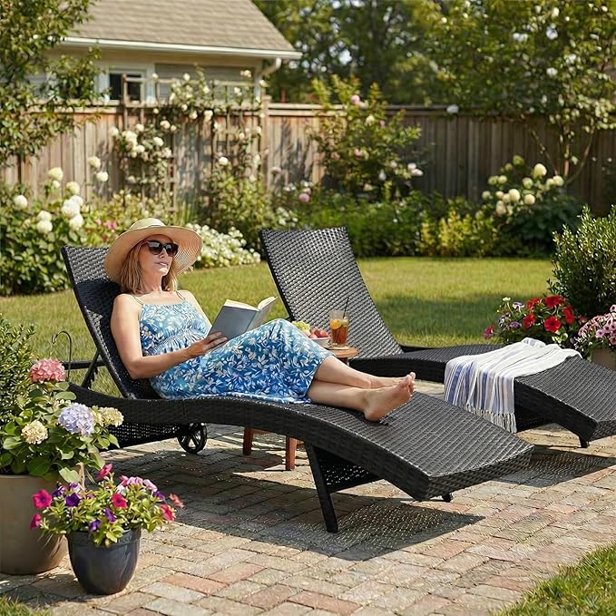 Wicker Outdoor Lounge Chairs with Rolling Wheels, Pool Lounge Chairs Set of 4, Rattan Outdoor Lounger with Pull Out Side Table, Adjustable Backrest Patio Chaise Lounges, Black