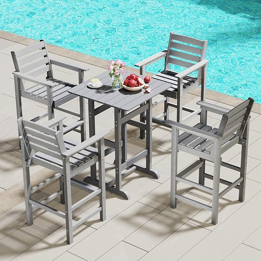 Giantex 29” Bar Stools Set of 4, HDPE Barstools w/Back, Armrests & Footrests, Max Load 330Lbs, Counter Height Bar Stools, Adirondack Chair for Patio Balcony Outdoor Bistro Set, Grey