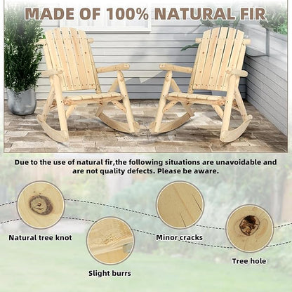Outdoor Wooden Rocking Chair, Patio Log Rustic Adirondack Porch Rocker, All Weather Solid Wood Rocker Chair with High Back & Slatted Seat for Indoor, Backyard, Garden (Set of 2, Natural)