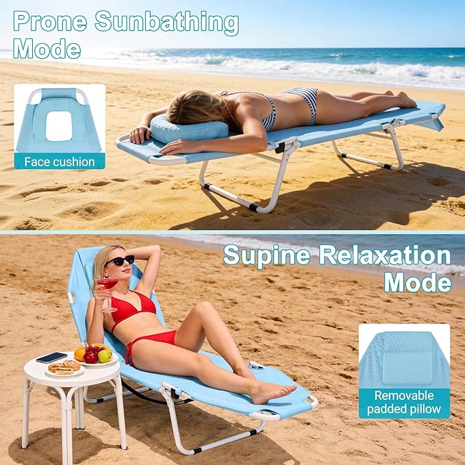 ABORON 2-in-1 Tanning Chair with Face Hole, Folding Camping Cot for Adults - Photo 7