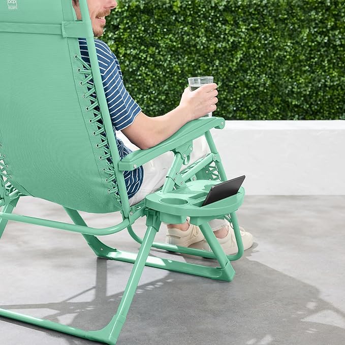 Best Choice Products Adjustable Zero Gravity Chair, Monochromatic Color Folding Patio Recliner w/Side Tray, Headrest - Mint