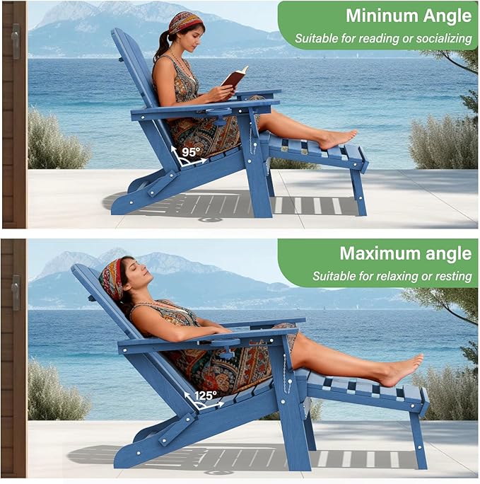 LOUNZY Folding Adjustable Adirondack Chair with Footrest Set of 4,HDPE Recliner Adirondack Chair with Cup Holder for Deck Lawn Fire Pit, Navy