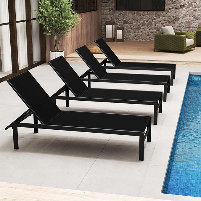 HAPPYGRILL Aluminum Chaise Lounge Chair, Heavy-Duty Patio Recliner W/ 6-Level Backrest & Breathable Fabric, Outdoor Lightweight Reclining Lounge Chair for Backyard, Poolside, Porch (1, Black)
