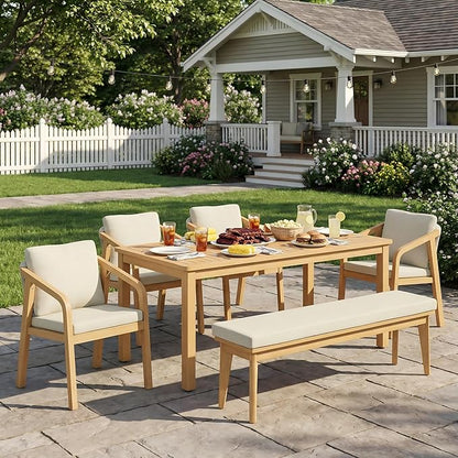 Wisteria Lane 6 Pieces Acacia Patio Dining Set for 6, Patio Dining Table and Chairs Set with Cushion, Modern Outdoor Dining Furniture Set for Garden Lawn Deck Backyard, Beige