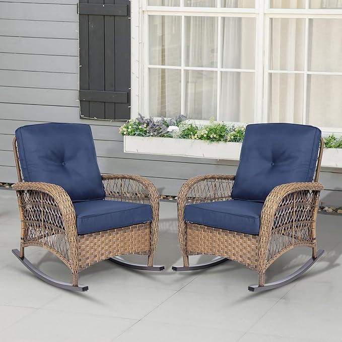 Outdoor Wicker Rocking Chair with Thickened Cushions, All-Weather Rattan Patio Rocking Chairs - Photo 7