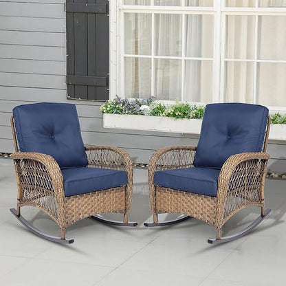 Outdoor Wicker Rocking Chair with Thickened Cushions, All-Weather Rattan Patio Rocking Chairs, Patio Wicker Rocker Chair for Backyard, Beige, Set of 2, Navy Blue
